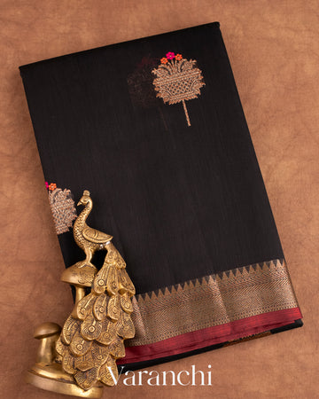 Jet Black Pure Chanderi Silk Cotton Handloom Saree