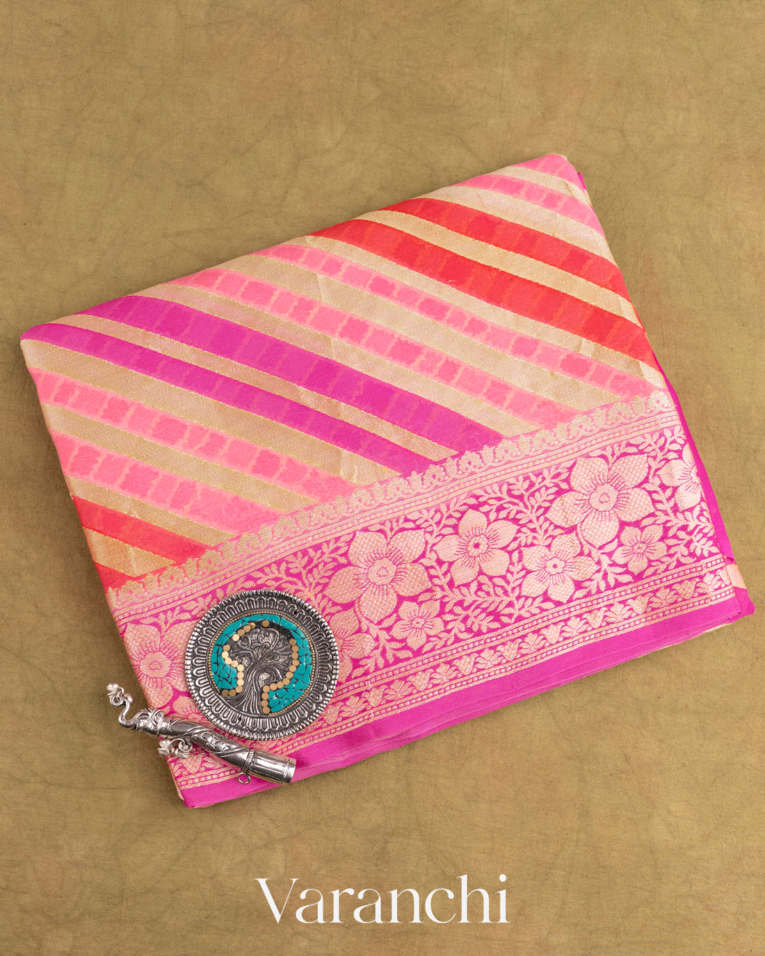 Pink Rangkaat Lehariya Pure Chiffon Silk Saree