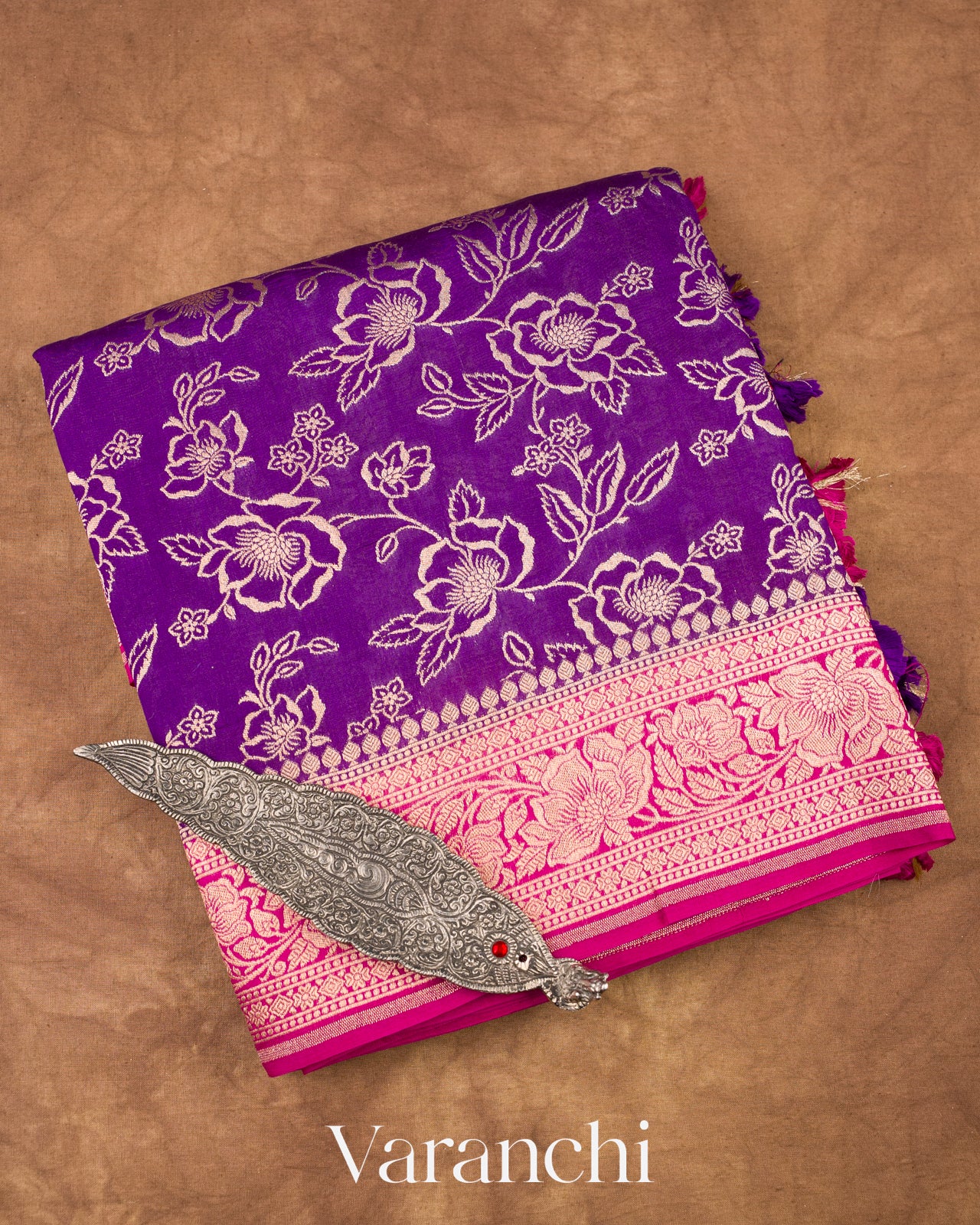 Purple Floral Brocade Pure Chiniya Silk Saree