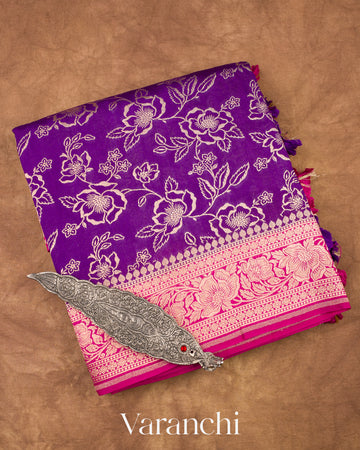 Purple Floral Brocade Pure Chiniya Silk Saree