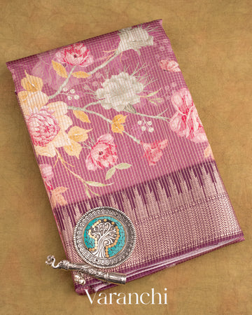 Eggplant Purple Floral Printed Pure Chiniya Silk Saree