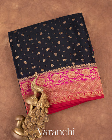 Jet Black Pure Crepe Silk Handloom Saree