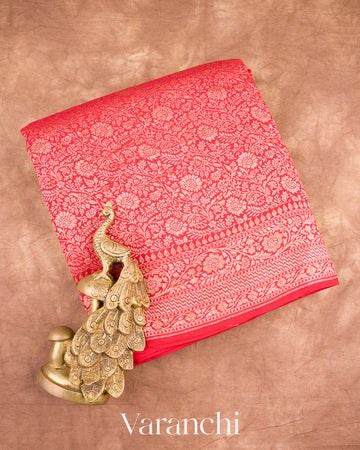 Deep Red Heavy Brocade Pure Crepe Silk Handloom Saree