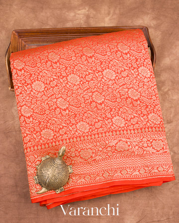 Rust Orange Heavy Brocade Pure Crepe Silk Handloom Saree