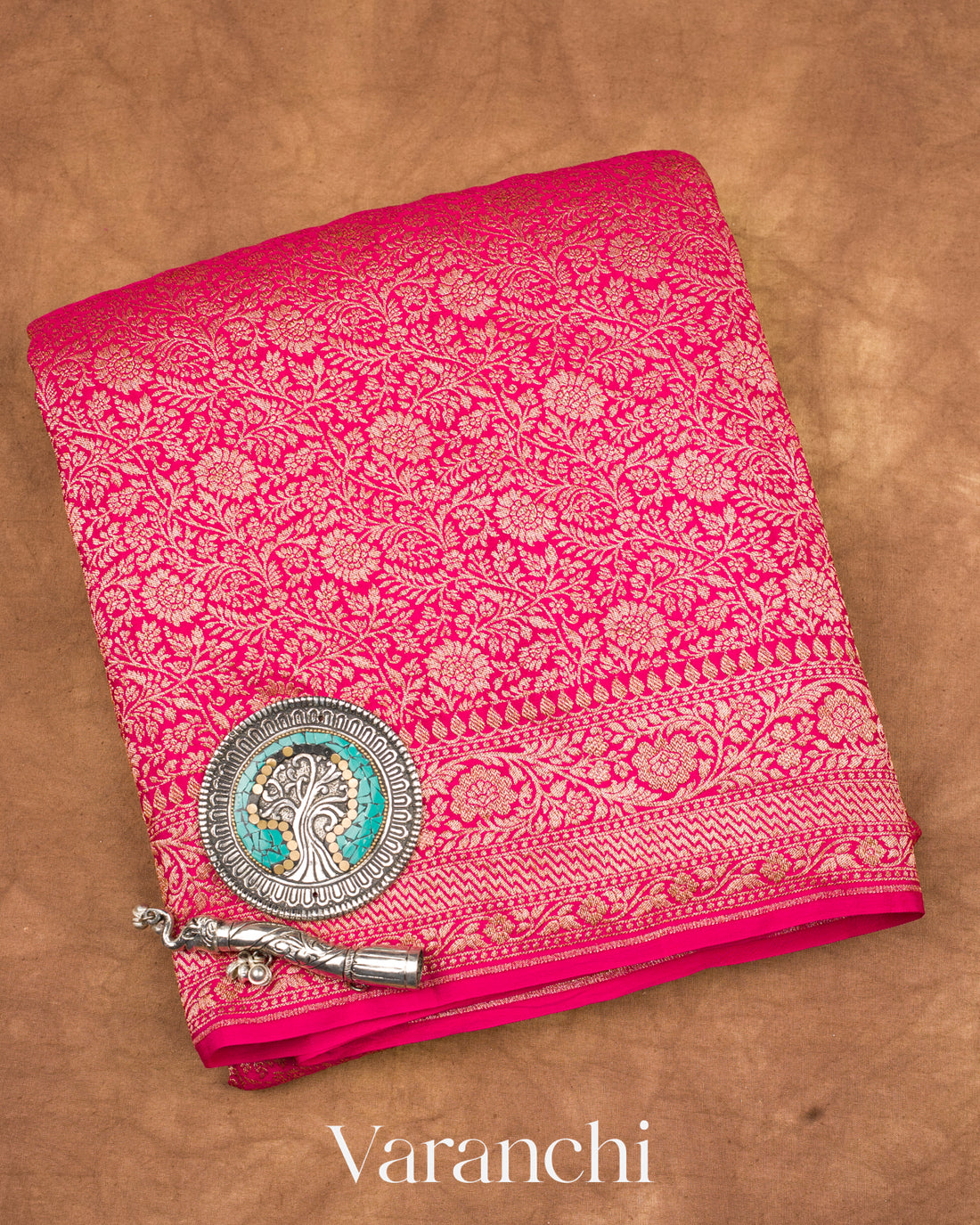 Regal Pink Heavy Brocade Pure Crepe Silk Handloom Saree