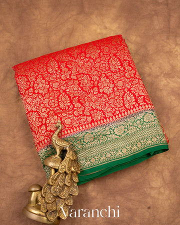 Bright Red Heavy Brocade Pure Crepe Silk Handloom Saree