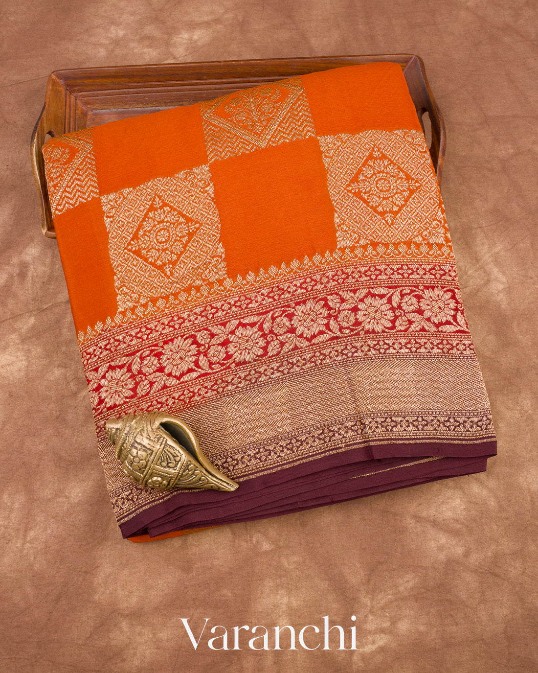 Burnt Orange Pure Crepe Silk Handloom Saree