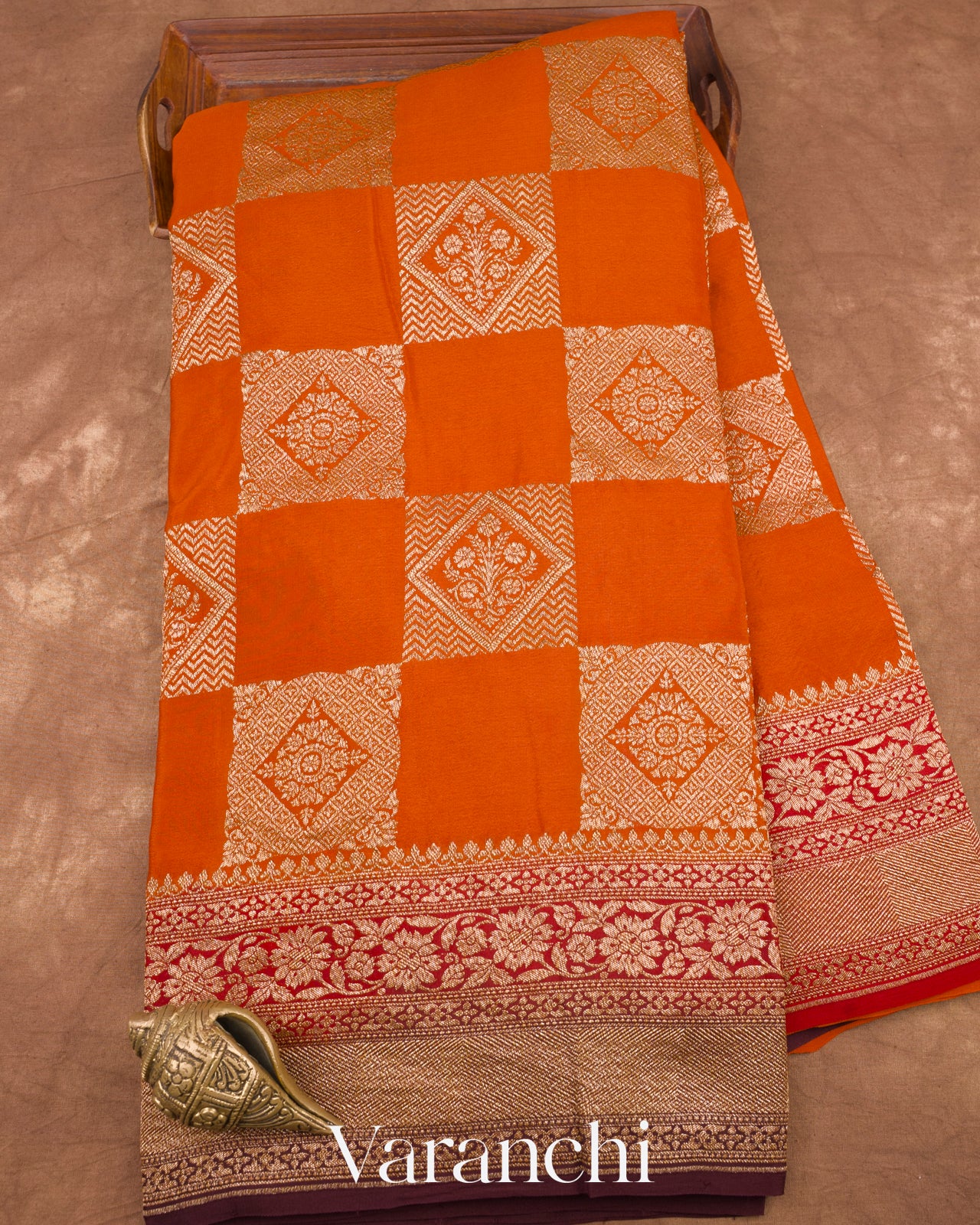 Burnt Orange Pure Crepe Silk Handloom Saree