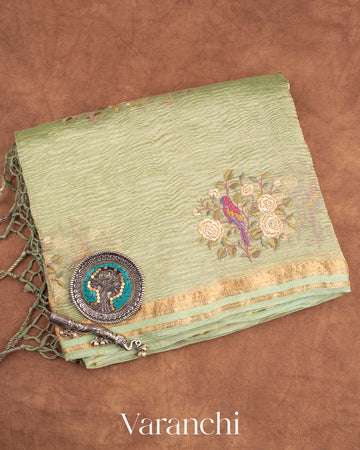 Light Mint Green Pure Crush Tissue Embroidered Kora Silk Saree
