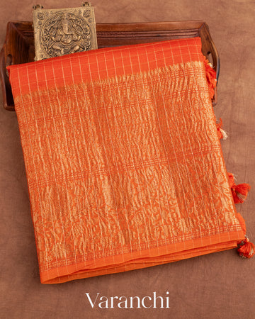 Bright Orange Pure Crush Kora Silk Saree