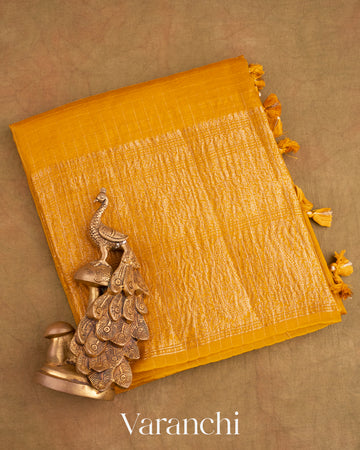 Deep Mustard Yellow Pure Crush Kora Silk Saree
