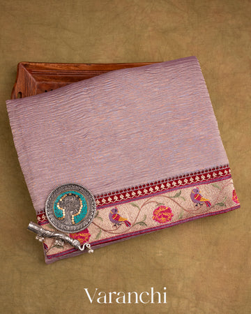 Muted Lavender with Paithani Embroidery Pure Crush Tissue Kora Silk Saree