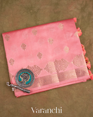 Coral Pink Pure Dupion Silk Saree