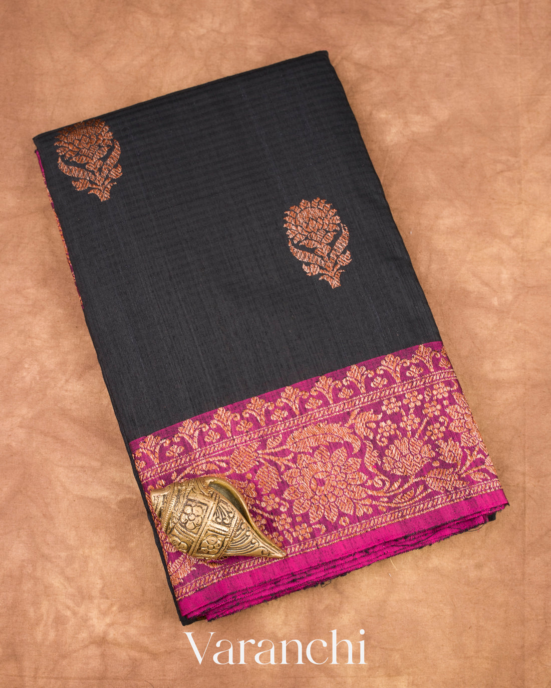 Jet Black Pure Dupion Silk Handloom Saree