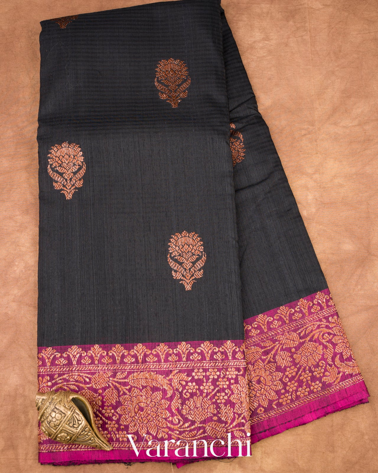 Jet Black Pure Dupion Silk Handloom Saree