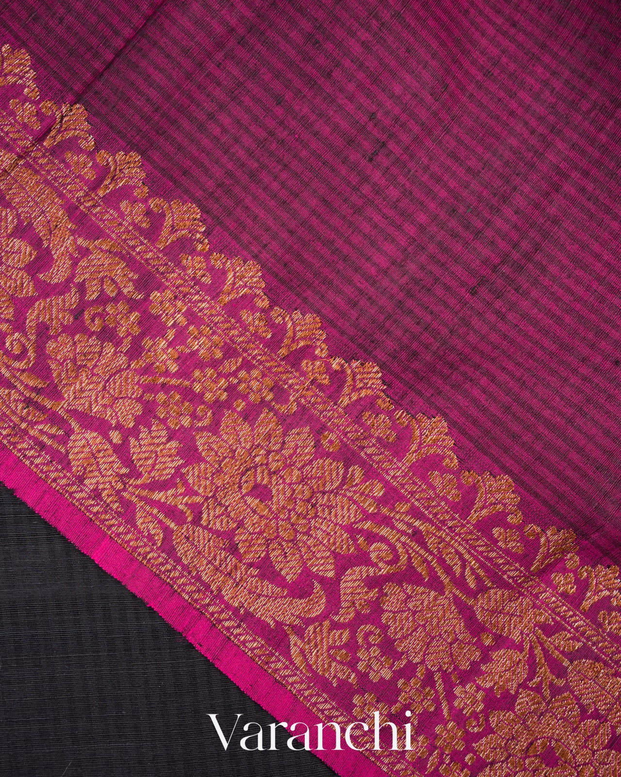 Jet Black Pure Dupion Silk Handloom Saree