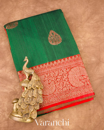 Bottle Green Pure Dupion Silk Handloom Saree