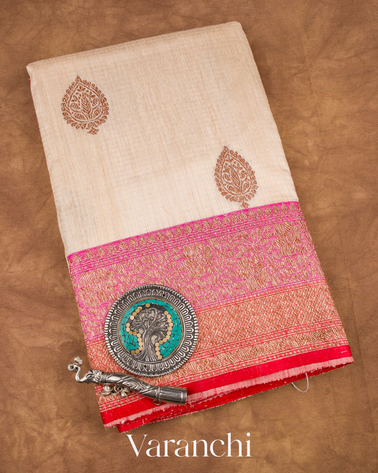 Off White Pure Dupion Silk Handloom Saree