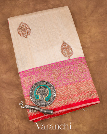 Off White Pure Dupion Silk Handloom Saree