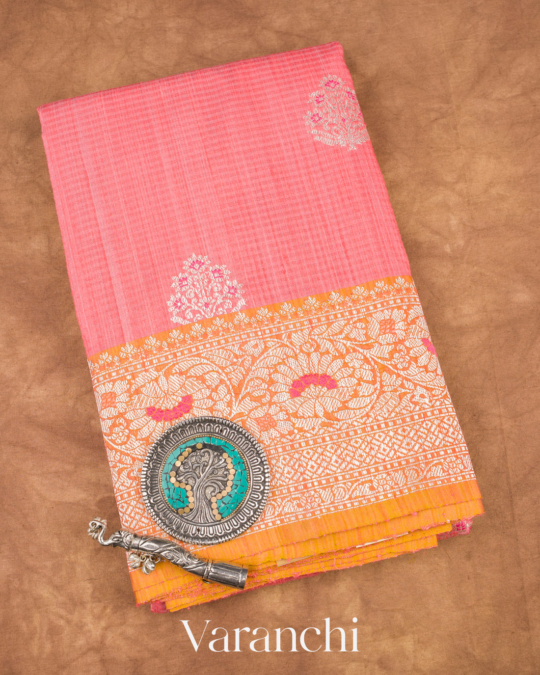 Coral Pink Pure Dupion Silk Handloom Saree