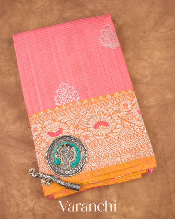 Coral Pink Pure Dupion Silk Handloom Saree