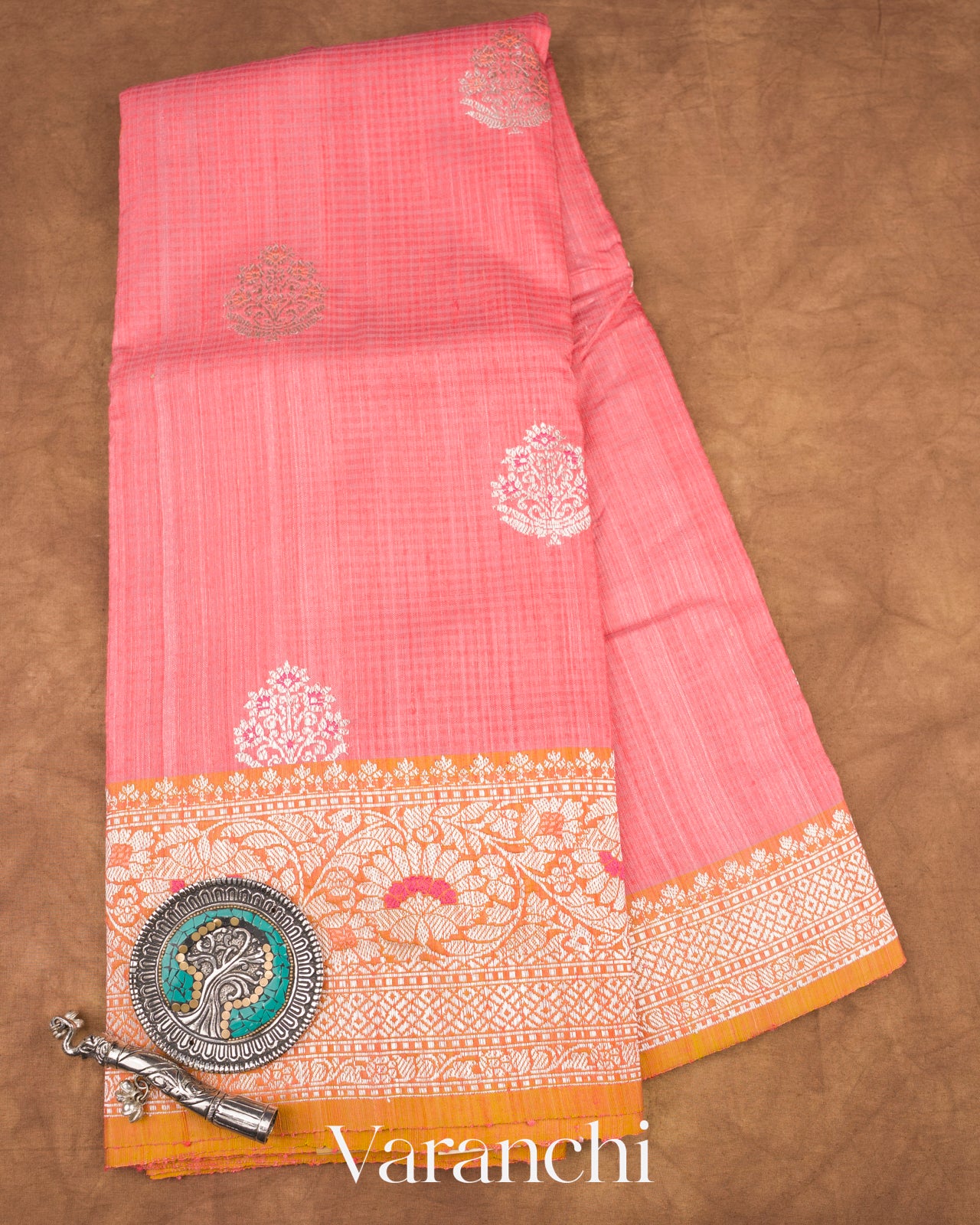 Coral Pink Pure Dupion Silk Handloom Saree