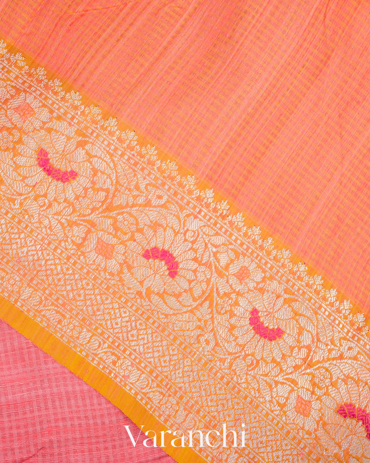 Coral Pink Pure Dupion Silk Handloom Saree