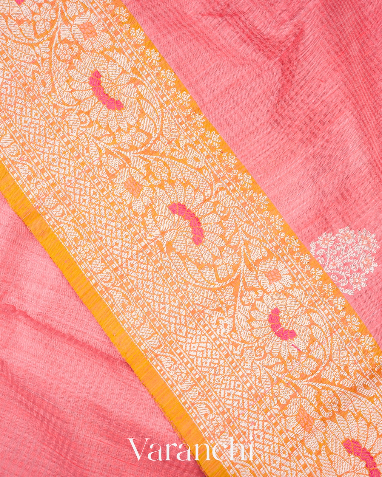 Coral Pink Pure Dupion Silk Handloom Saree