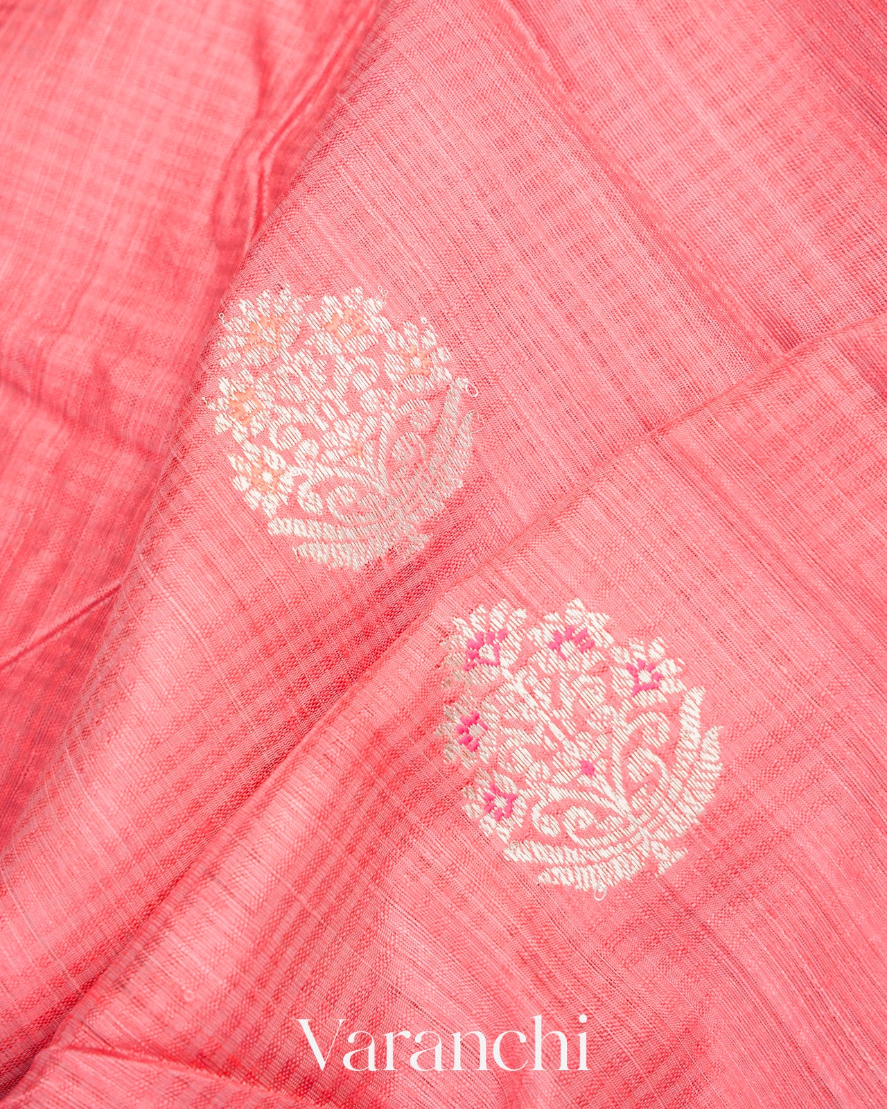 Coral Pink Pure Dupion Silk Handloom Saree