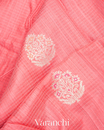Coral Pink Pure Dupion Silk Handloom Saree