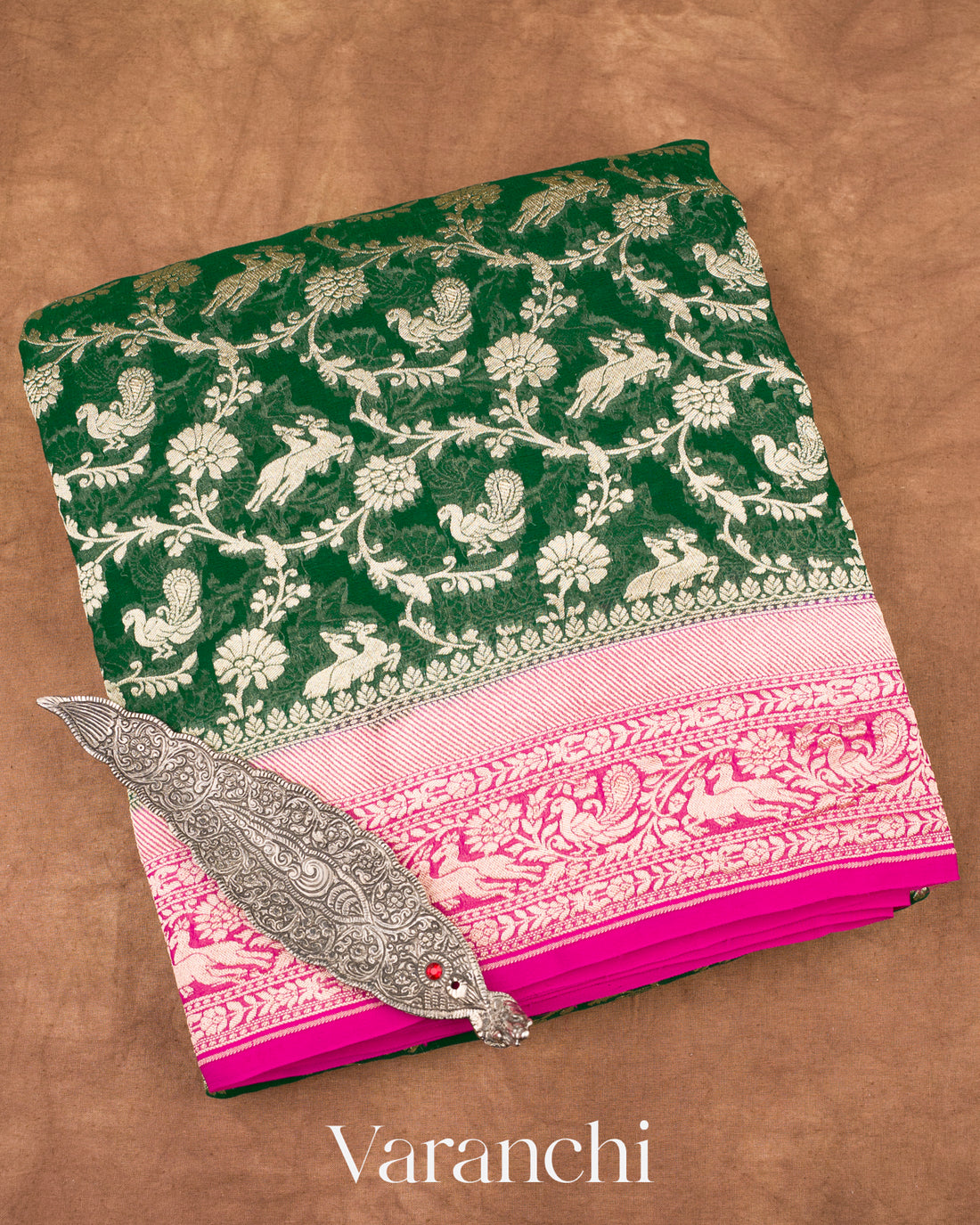 Bottle Green Shikargah Pure Georgette Silk Saree