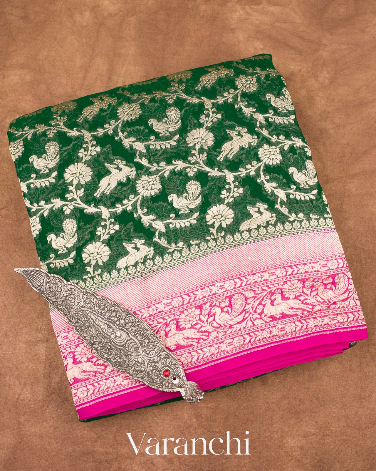Bottle Green Shikargah Pure Georgette Silk Saree