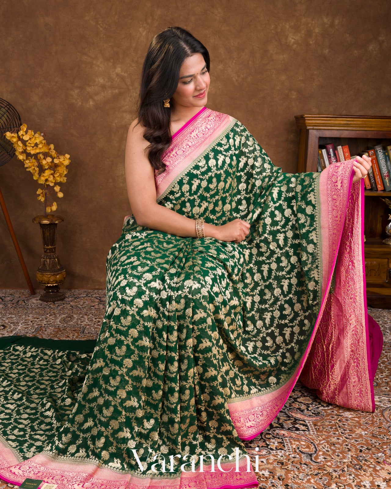 Bottle Green Shikargah Pure Georgette Silk Saree