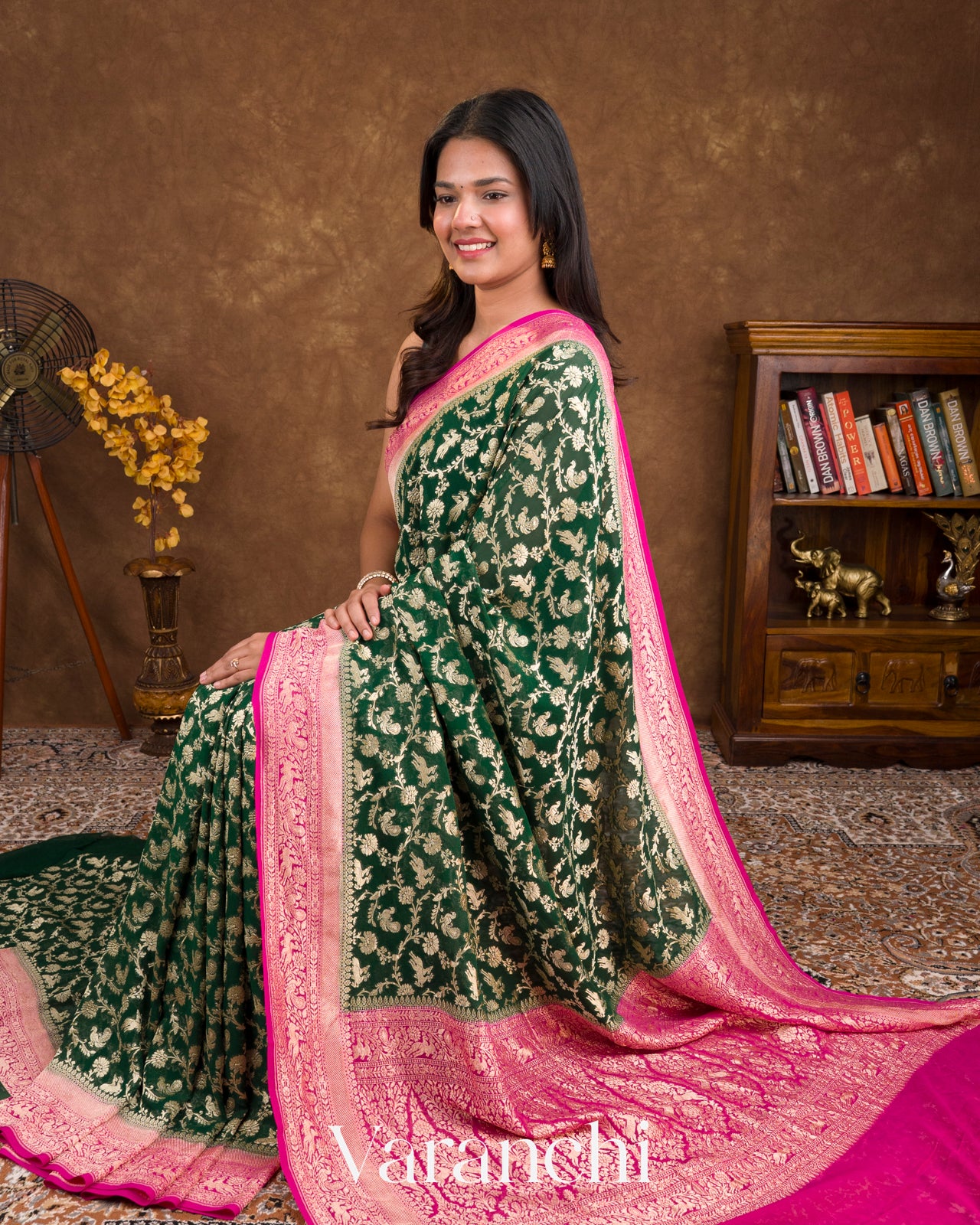 Bottle Green Shikargah Pure Georgette Silk Saree