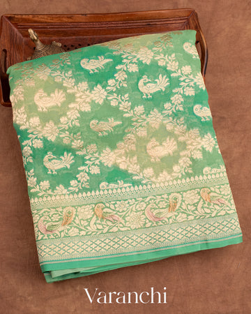 Aqua Green Rangkaat Pure Khaddi Georgette Silk Handloom Saree