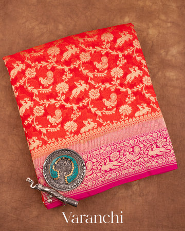 Deep Orange Shikargah Pure Georgette Silk Saree