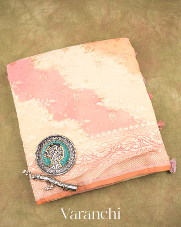 Baby Pink Tricolour Pure Khaddi Georgette Silk Handloom Saree