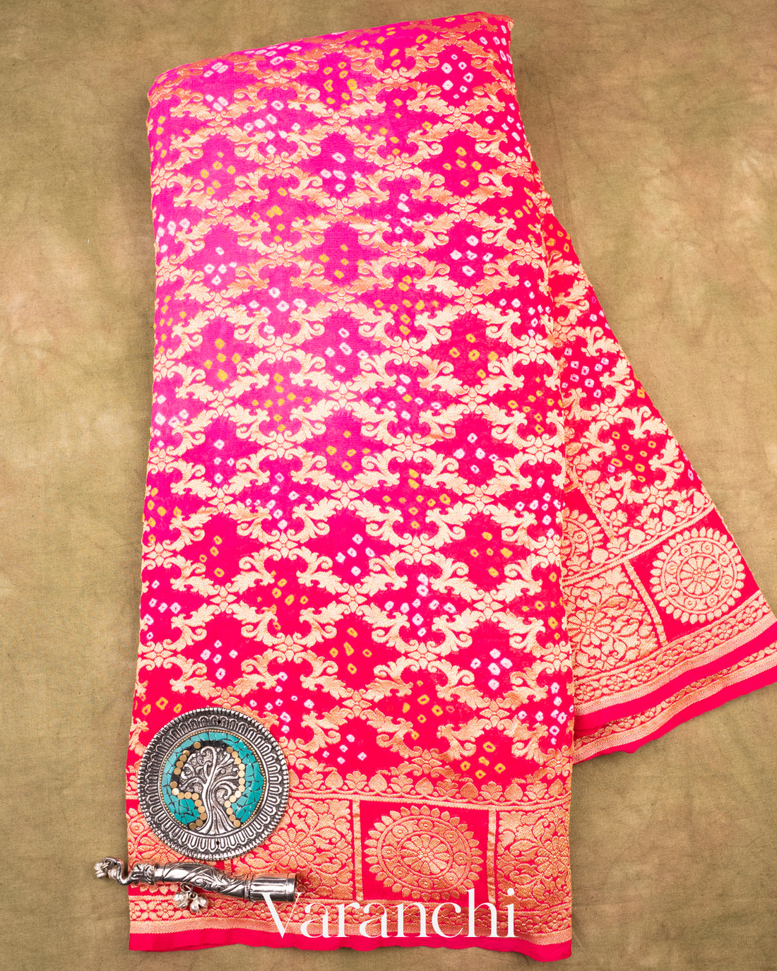 Red and Rani Pink Rangkaat Pure Khaddi Georgette Silk Saree