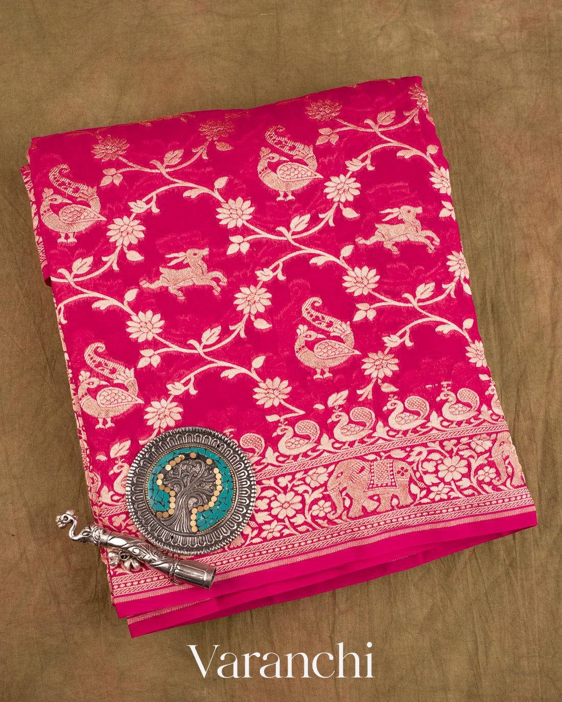 Rani Pink Shikargah Pure Georgette Silk Saree