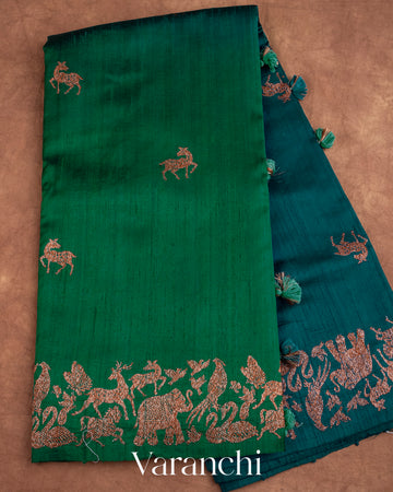 Dark Green and Peacock Blue Ombre-Dyed Raw Silk Handloom Saree