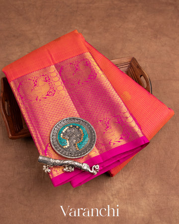 Deep Coral Dual Tone Pure Kanchipuram Silk Handloom Saree