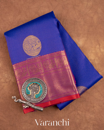 Dark Blue Vaira Oosi Pure Kanchipuram Silk Handloom Saree