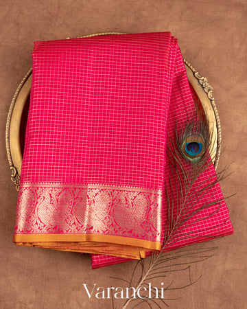 Reddish Pink with Muthu Kattam Design Pure Kanchipuram Silk Handloom Saree