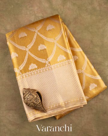 Golden Honey Comb Heavy Brocade Pure Tissue Kanchipuram Silk Saree