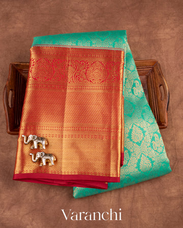 Aqua Green Heavy Brocade Pure Kanchipuram Silk Saree