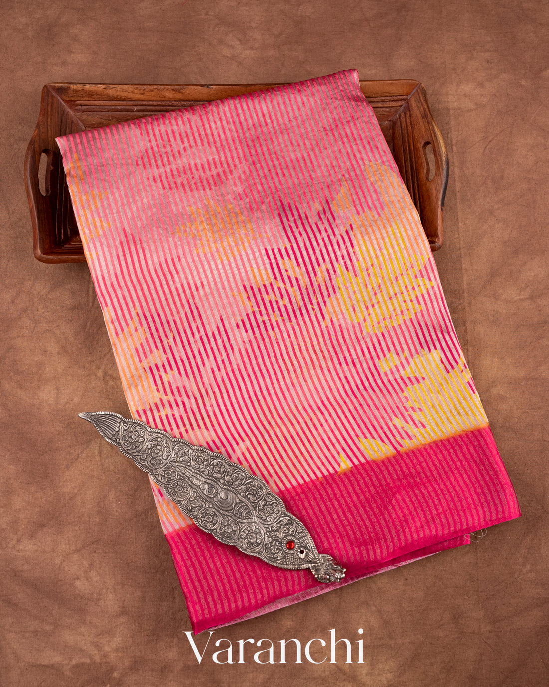 Pink Digital Printed Tissue Striped Pure Katan Silk Saree