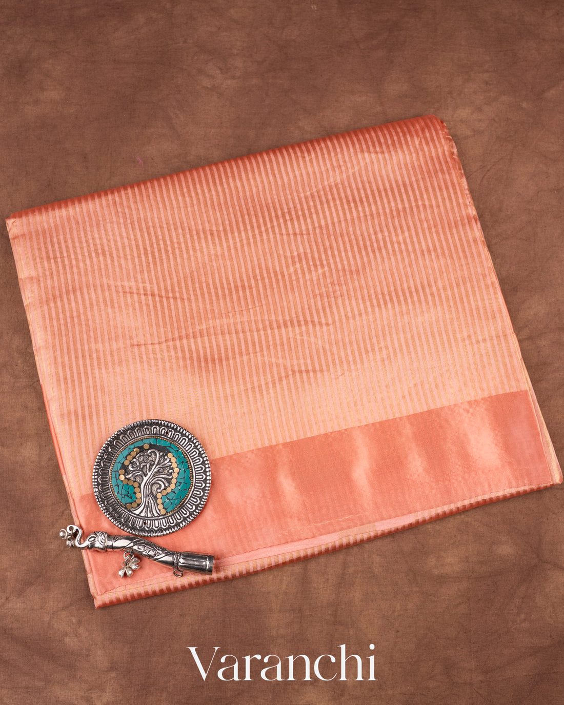 Peach Tissue Striped Pure Katan Silk Saree