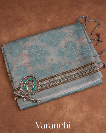 Dark Pastel Blue Floral Applique Pure Kora Silk Saree