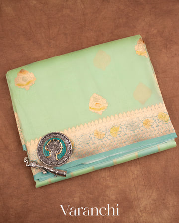 Aqua green Pure Kora Silk Handloom Saree