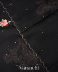 Black Digital Printed and Embroidered Pure Kora Silk Saree